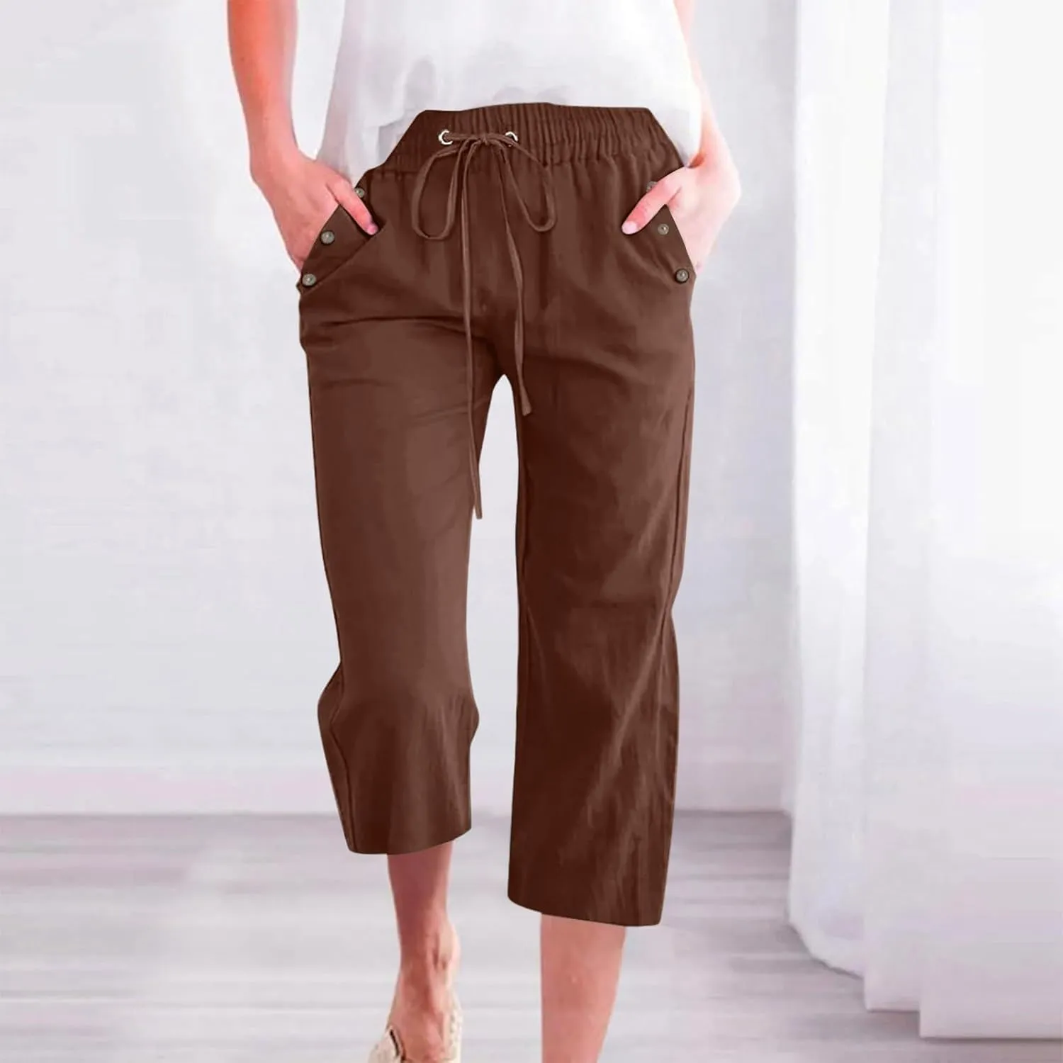 Women's Capri Pants Elastic High Waisted Cotton Linen Capris Casual Summer Loose Wide Leg Cropped Trouser with Pockets