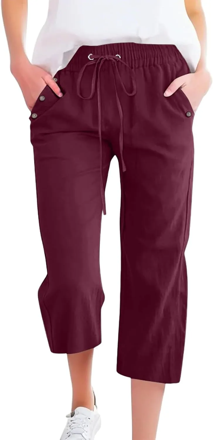 Women's Capri Pants Elastic High Waisted Cotton Linen Capris Casual Summer Loose Wide Leg Cropped Trouser with Pockets