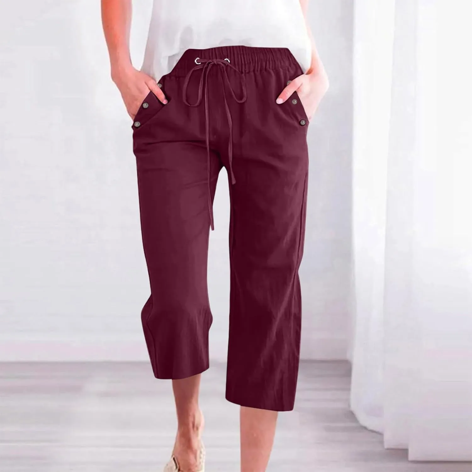 Women's Capri Pants Elastic High Waisted Cotton Linen Capris Casual Summer Loose Wide Leg Cropped Trouser with Pockets