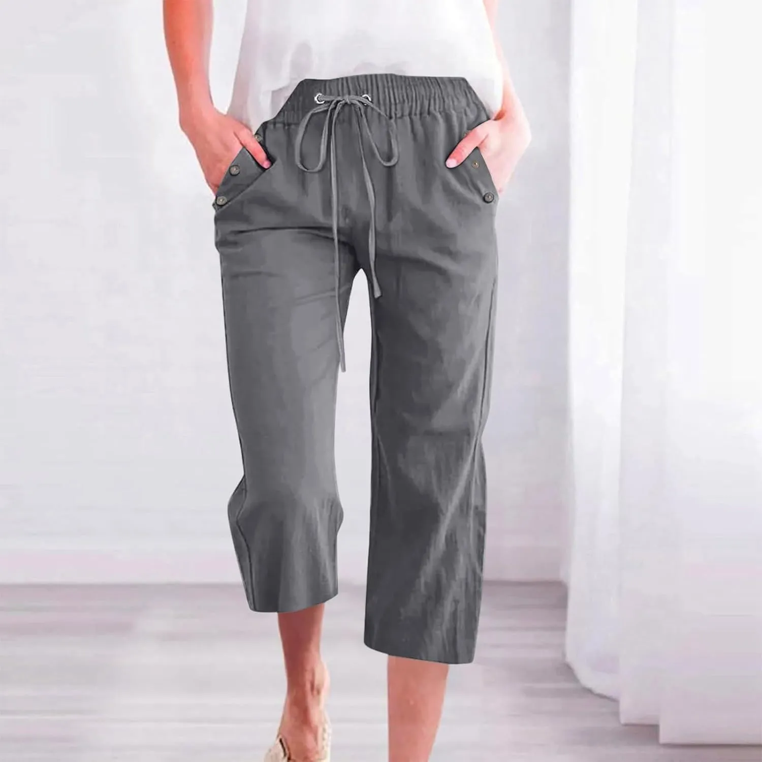 Women's Capri Pants Elastic High Waisted Cotton Linen Capris Casual Summer Loose Wide Leg Cropped Trouser with Pockets