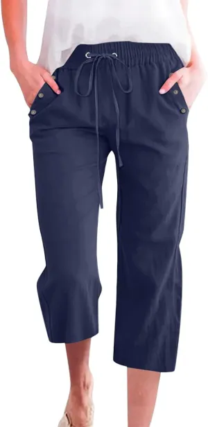 Women's Capri Pants Elastic High Waisted Cotton Linen Capris Casual Summer Loose Wide Leg Cropped Trouser with Pockets