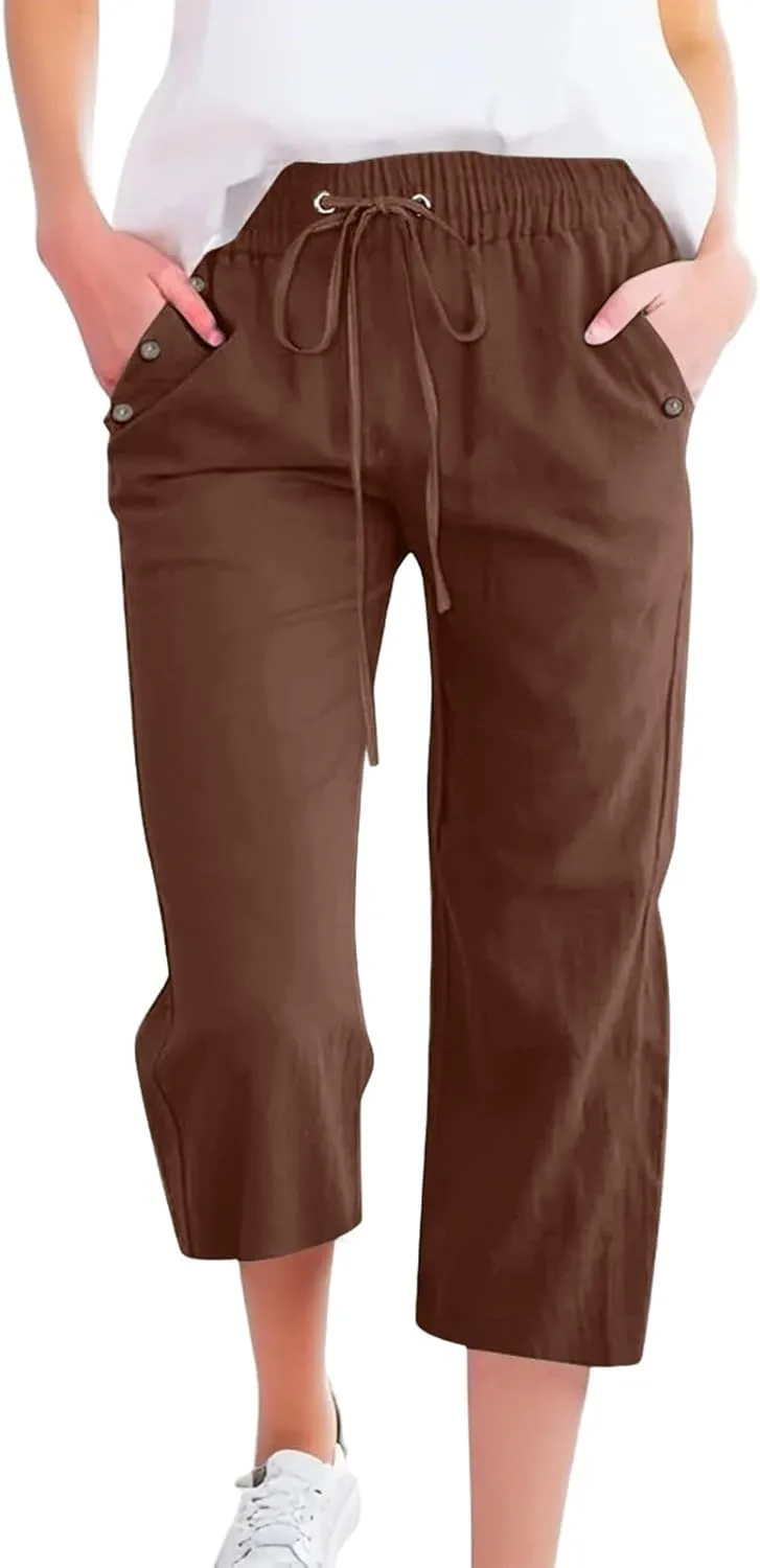 Women's Capri Pants Elastic High Waisted Cotton Linen Capris Casual Summer Loose Wide Leg Cropped Trouser with Pockets