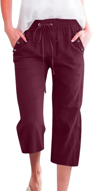 Women's Capri Pants Elastic High Waisted Cotton Linen Capris Casual Summer Loose Wide Leg Cropped Trouser with Pockets