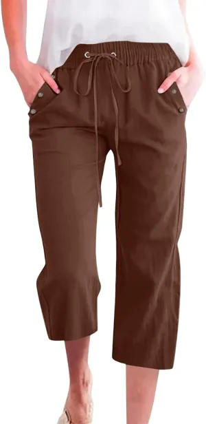Women's Capri Pants Elastic High Waisted Cotton Linen Capris Casual Summer Loose Wide Leg Cropped Trouser with Pockets