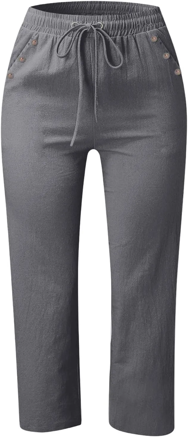 Women's Capri Pants Elastic High Waisted Cotton Linen Capris Casual Summer Loose Wide Leg Cropped Trouser with Pockets