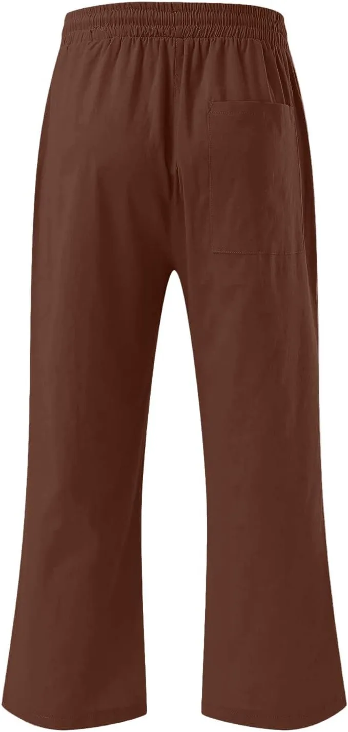 Women's Capri Pants Elastic High Waisted Cotton Linen Capris Casual Summer Loose Wide Leg Cropped Trouser with Pockets