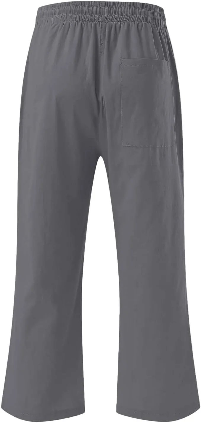 Women's Capri Pants Elastic High Waisted Cotton Linen Capris Casual Summer Loose Wide Leg Cropped Trouser with Pockets