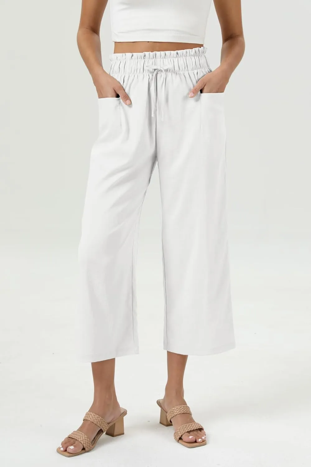 Womens Casual Linen Wide Leg Pants High Waist Drawstring Flowy Palazzo Trousers with Pockets