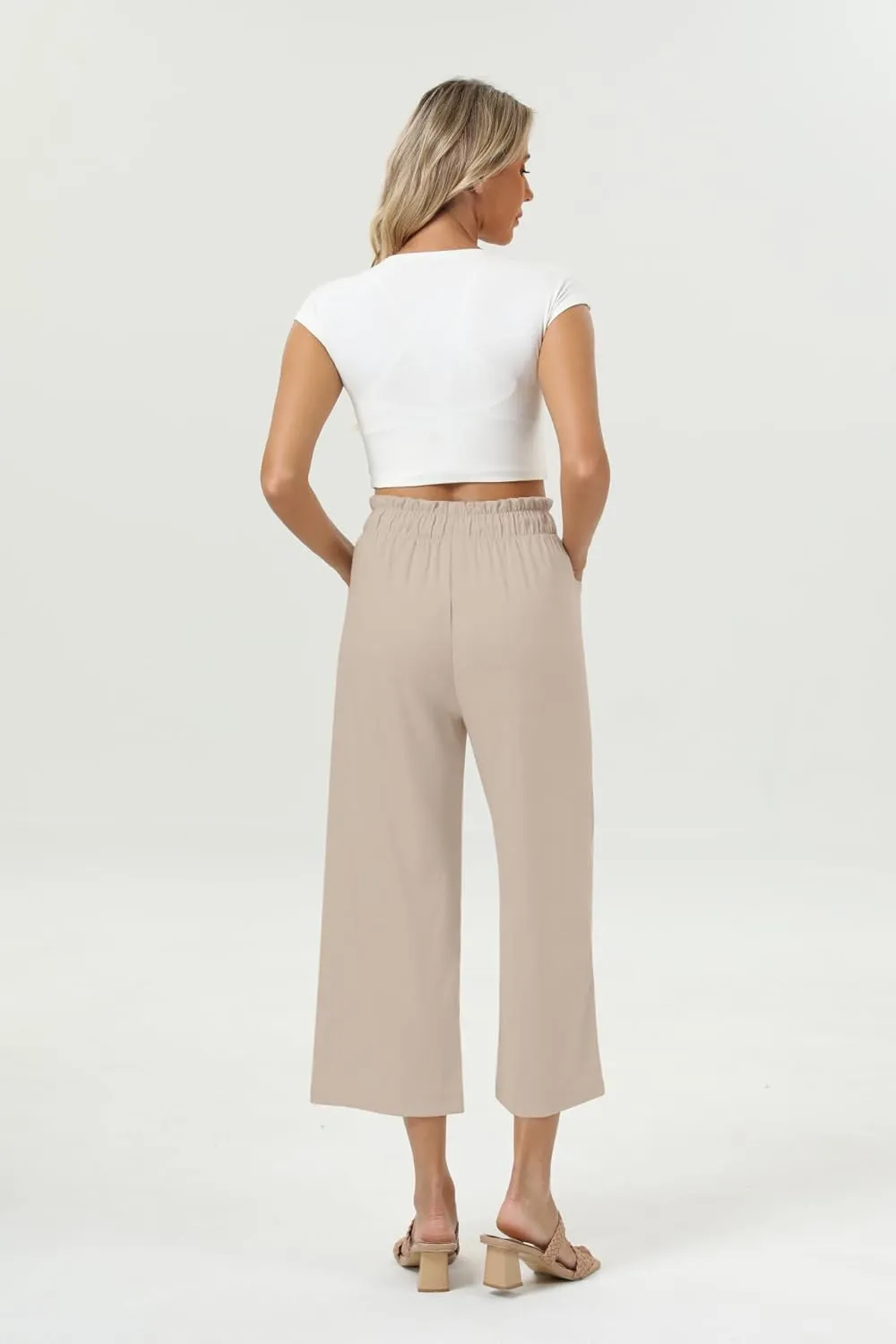 Womens Casual Linen Wide Leg Pants High Waist Drawstring Flowy Palazzo Trousers with Pockets