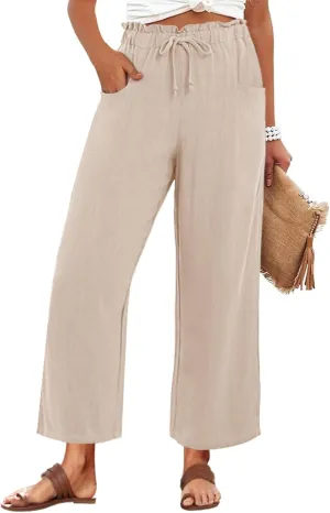 Womens Casual Linen Wide Leg Pants High Waist Drawstring Flowy Palazzo Trousers with Pockets