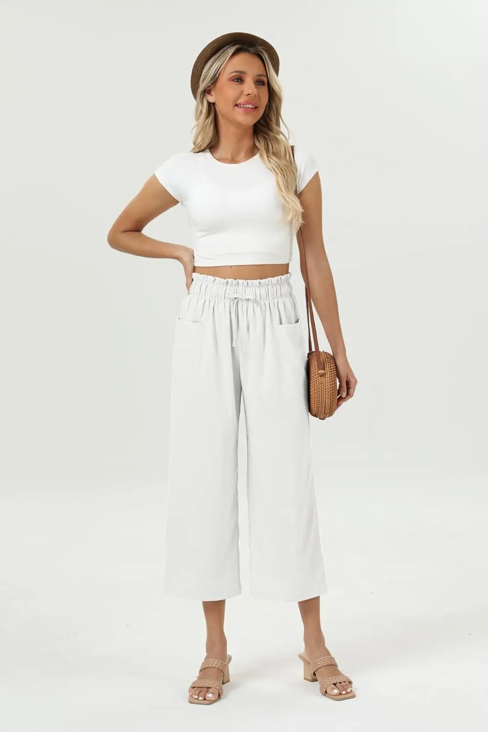 Womens Casual Linen Wide Leg Pants High Waist Drawstring Flowy Palazzo Trousers with Pockets