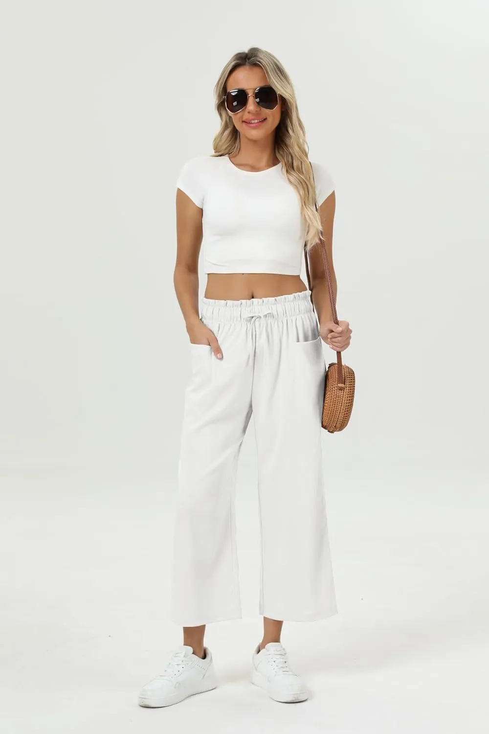 Womens Casual Linen Wide Leg Pants High Waist Drawstring Flowy Palazzo Trousers with Pockets