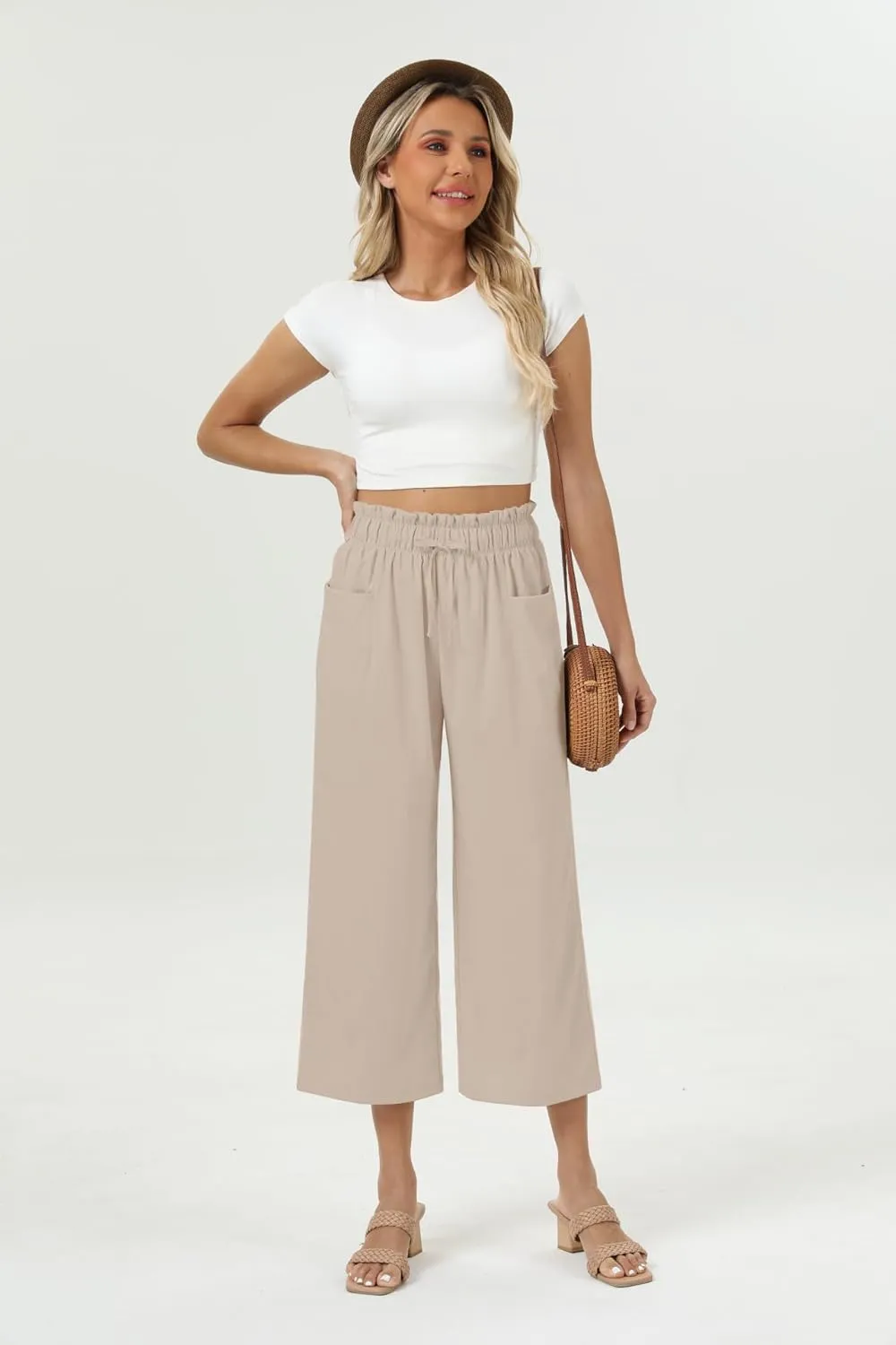 Womens Casual Linen Wide Leg Pants High Waist Drawstring Flowy Palazzo Trousers with Pockets