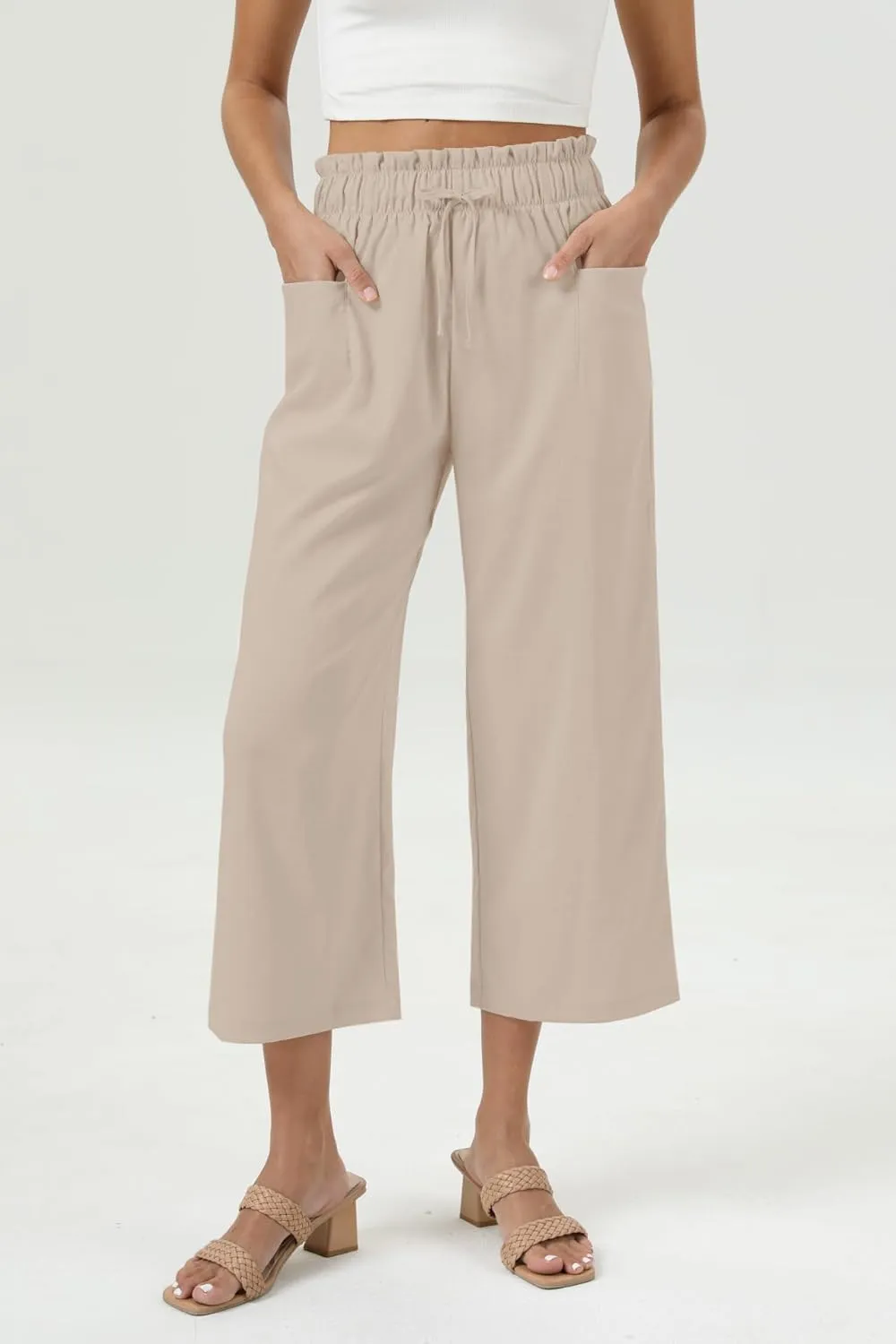 Womens Casual Linen Wide Leg Pants High Waist Drawstring Flowy Palazzo Trousers with Pockets