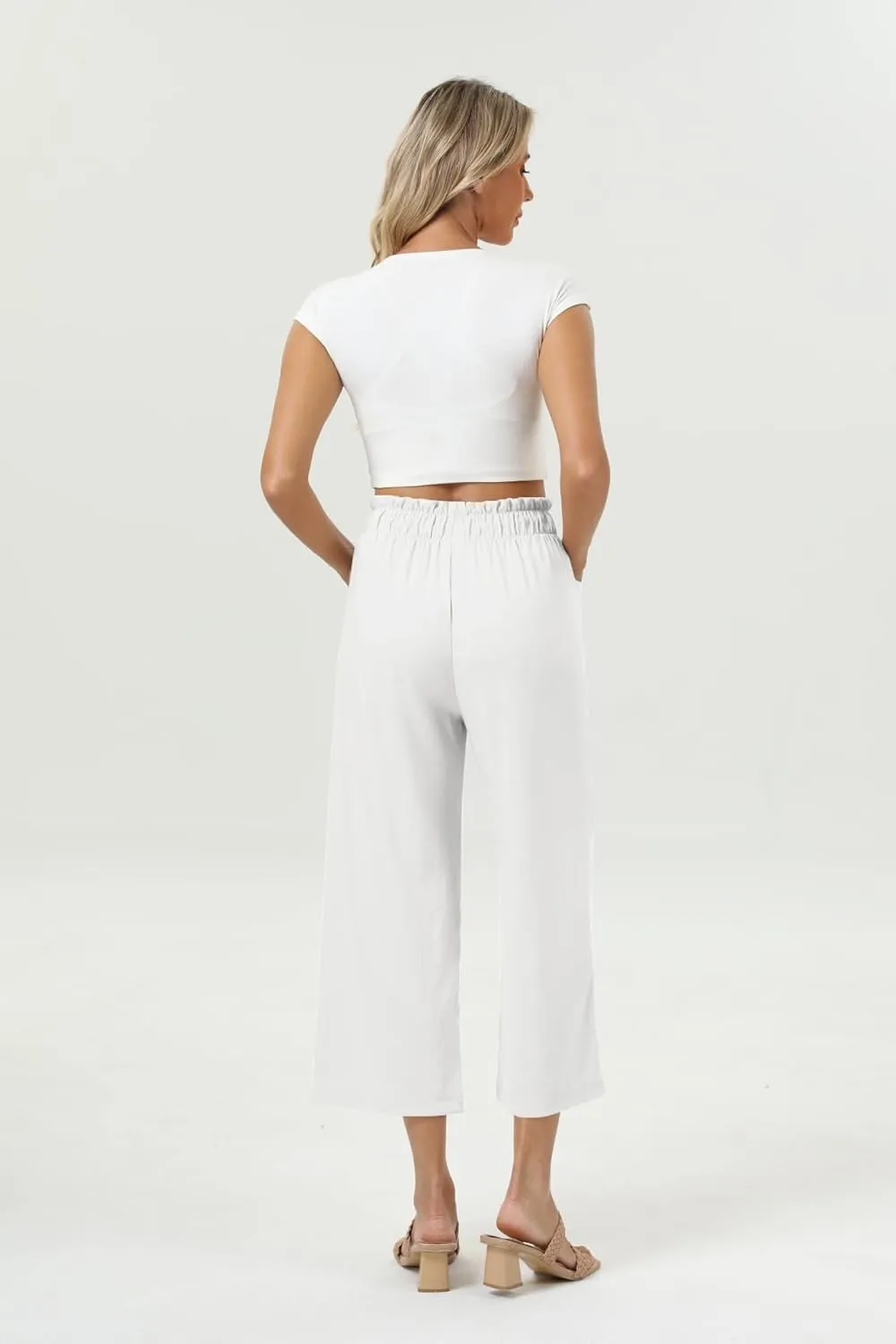 Womens Casual Linen Wide Leg Pants High Waist Drawstring Flowy Palazzo Trousers with Pockets