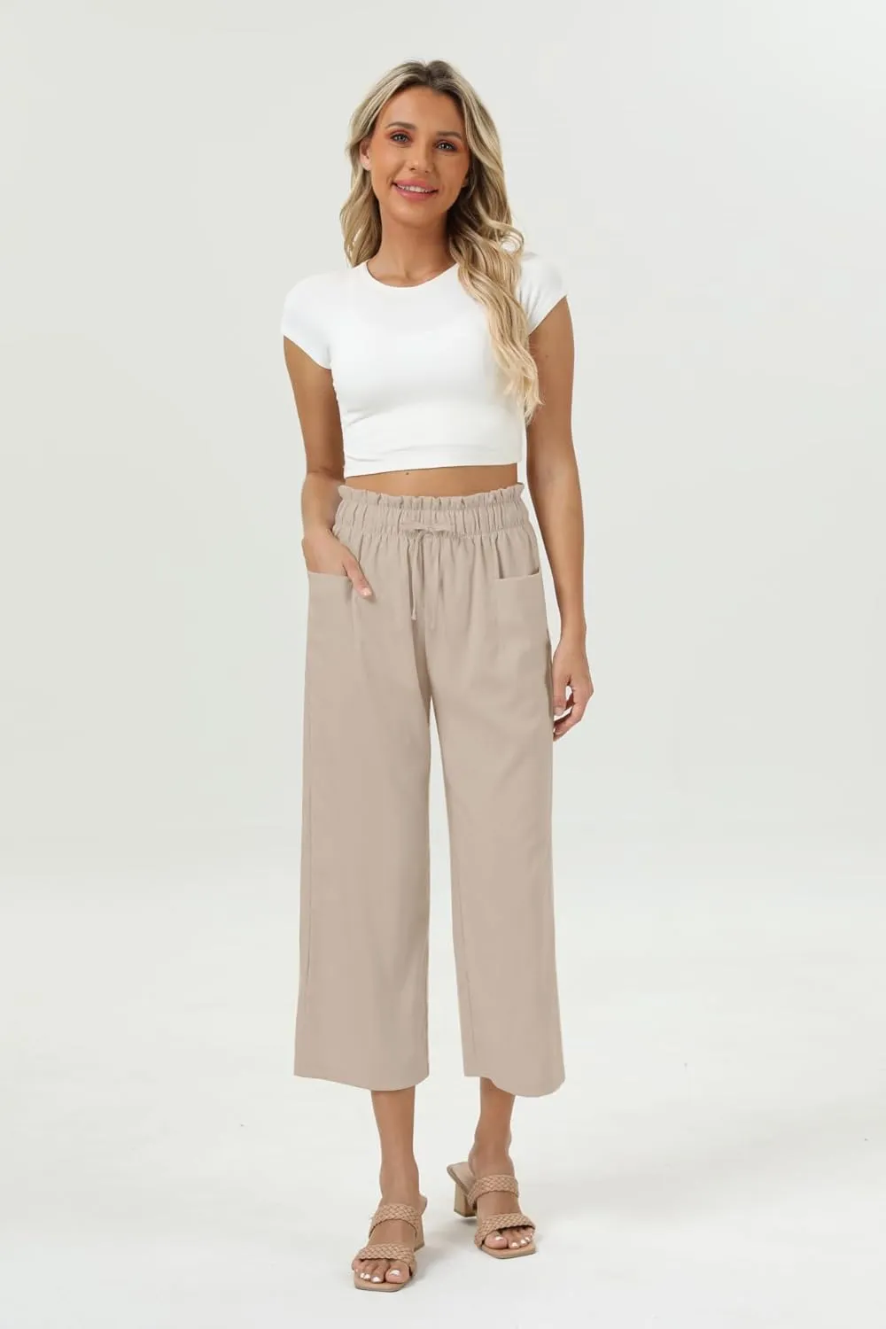 Womens Casual Linen Wide Leg Pants High Waist Drawstring Flowy Palazzo Trousers with Pockets