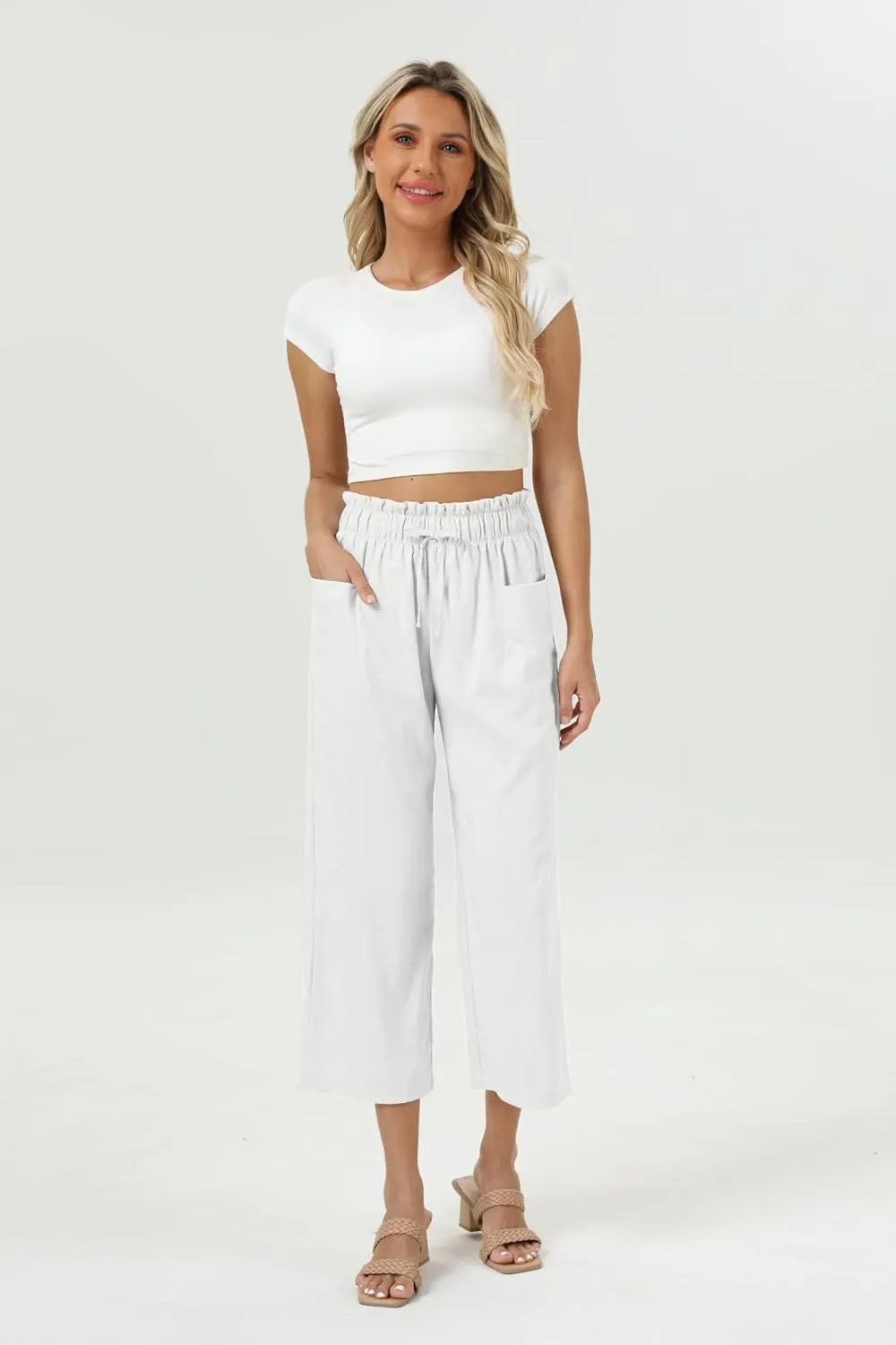 Womens Casual Linen Wide Leg Pants High Waist Drawstring Flowy Palazzo Trousers with Pockets
