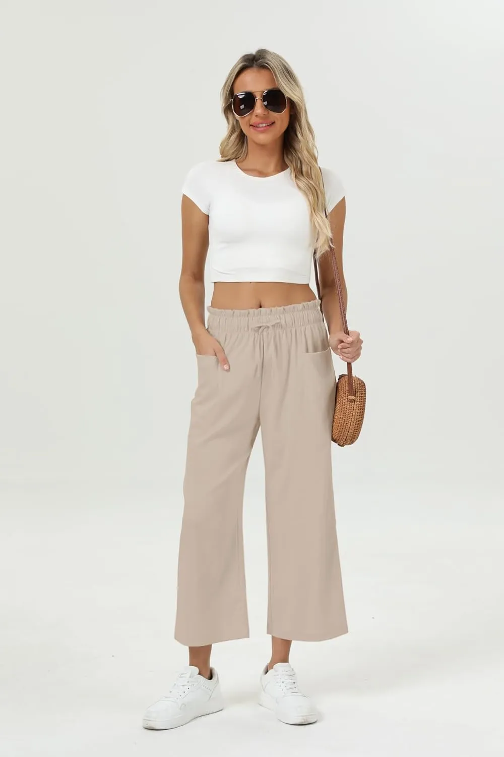 Womens Casual Linen Wide Leg Pants High Waist Drawstring Flowy Palazzo Trousers with Pockets