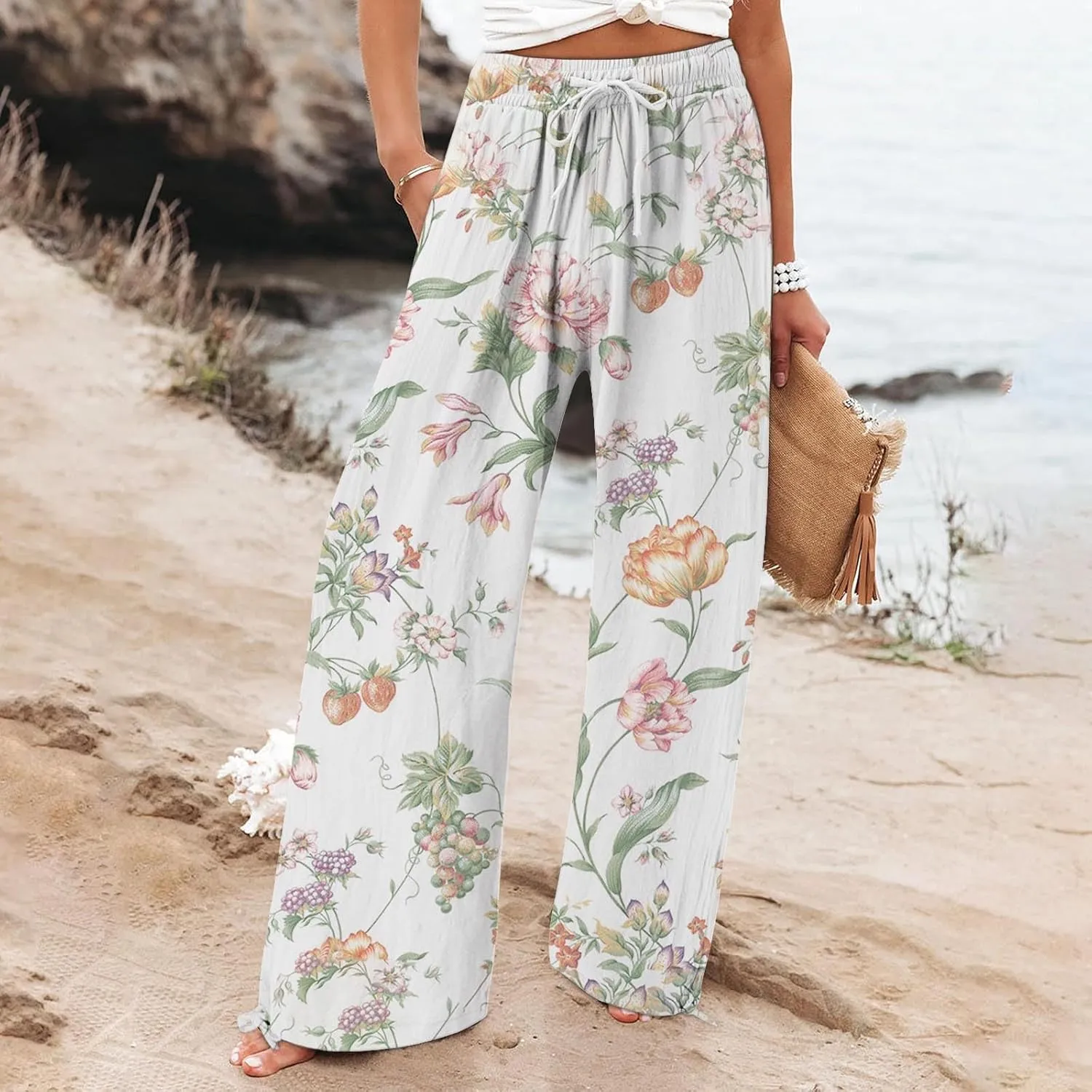Womens Casual Wide Leg Pants Womens Cotton Casual Loose Pants Comfy Work Pants with Trousers with Pocket for Women