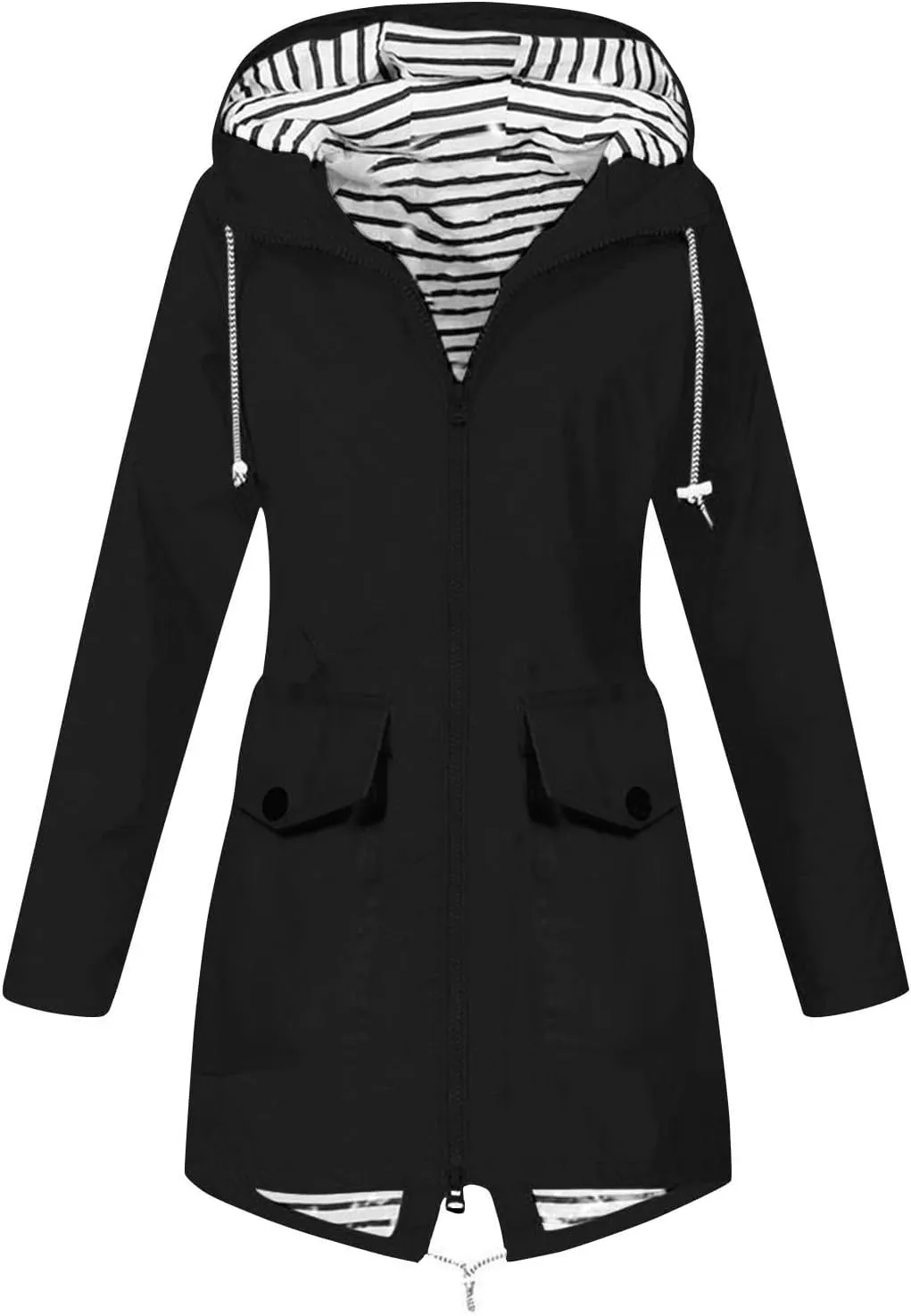 Women's Hooded Rain Jacket Lightweight Windbreaker with Drawstring Waist and Striped Light Rain Jacket Women