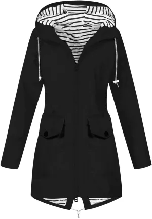 Women's Hooded Rain Jacket Lightweight Windbreaker with Drawstring Waist and Striped Light Rain Jacket Women