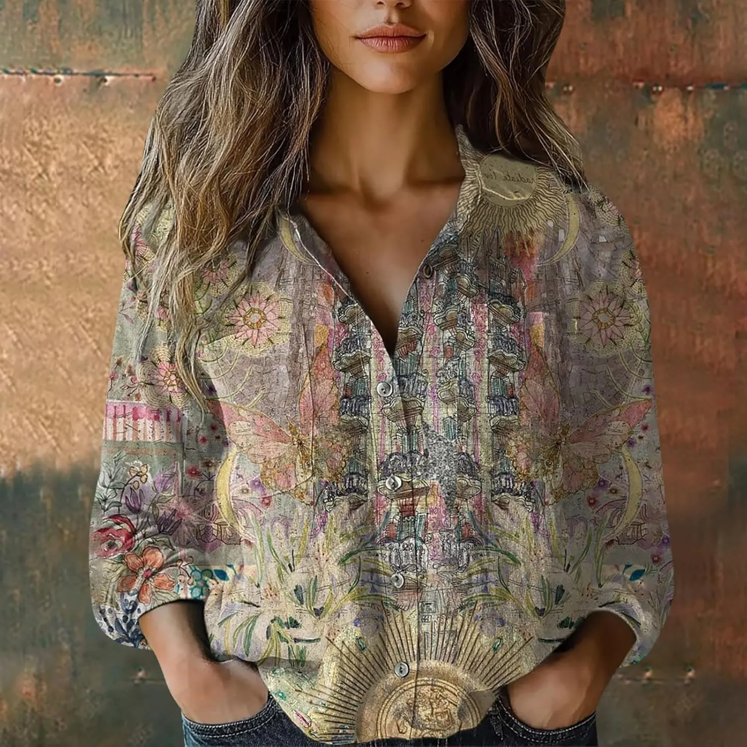 Womens Linen Button Down Shirts Retro Floral Printed V Neck Long Sleeve Blouse Collared Boho Casual Tops with Pocket