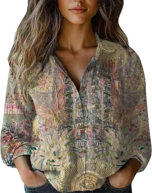 Womens Linen Button Down Shirts Retro Floral Printed V Neck Long Sleeve Blouse Collared Boho Casual Tops with Pocket