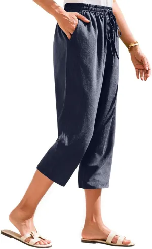 Women's Linen Capris Casual Summer Elastic Waist Wide Leg Cropped Pants Comfy Cotton Linen Capri Pants with Pockets