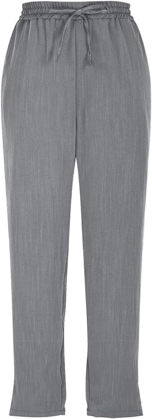 Women's Linen Capris Casual Summer Elastic Waist Wide Leg Cropped Pants Comfy Cotton Linen Capri Pants with Pockets