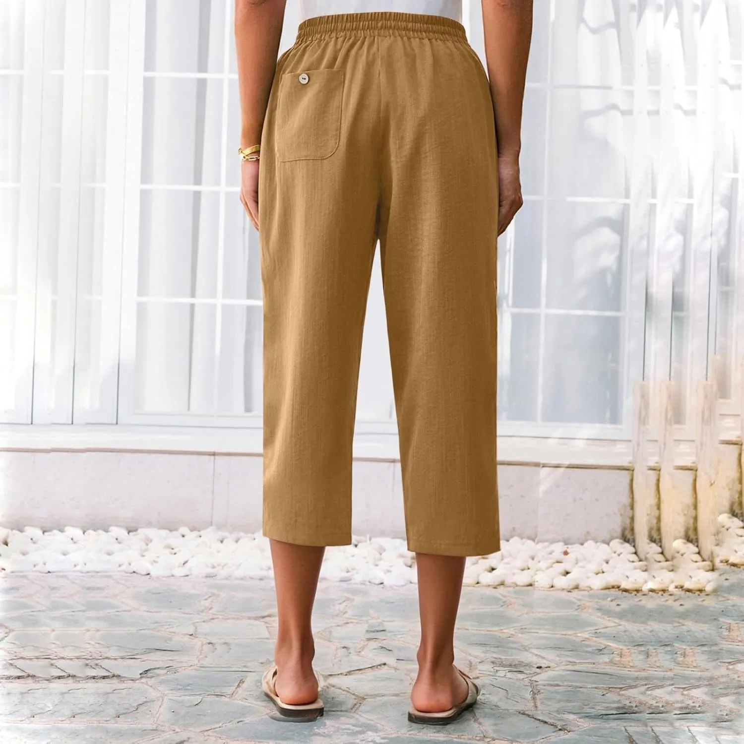 Women's Linen Capris Casual Summer Elastic Waist Wide Leg Cropped Pants Comfy Cotton Linen Capri Pants with Pockets