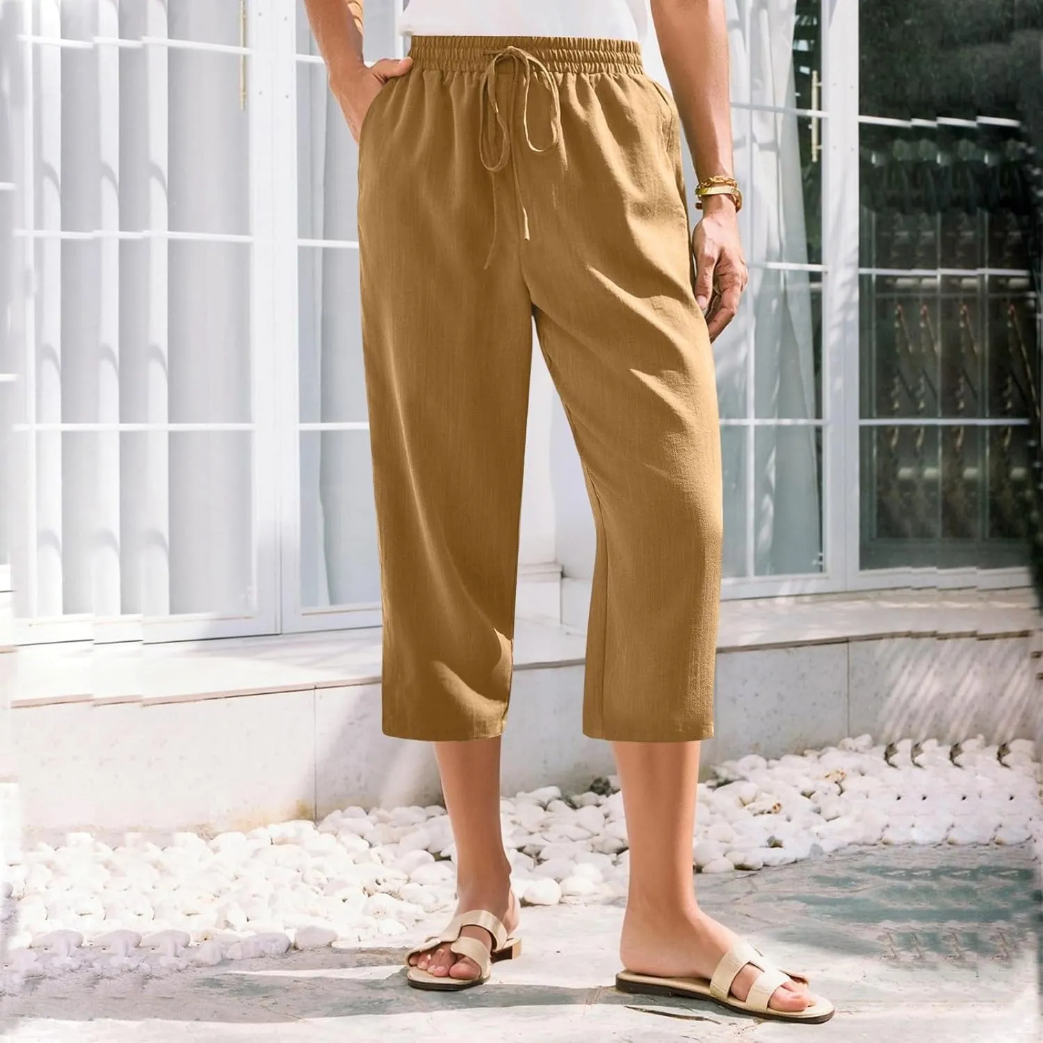 Women's Linen Capris Casual Summer Elastic Waist Wide Leg Cropped Pants Comfy Cotton Linen Capri Pants with Pockets