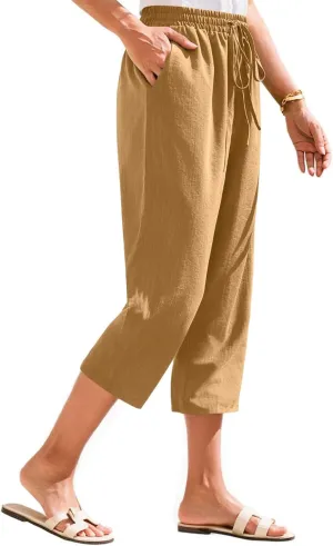 Women's Linen Capris Casual Summer Elastic Waist Wide Leg Cropped Pants Comfy Cotton Linen Capri Pants with Pockets