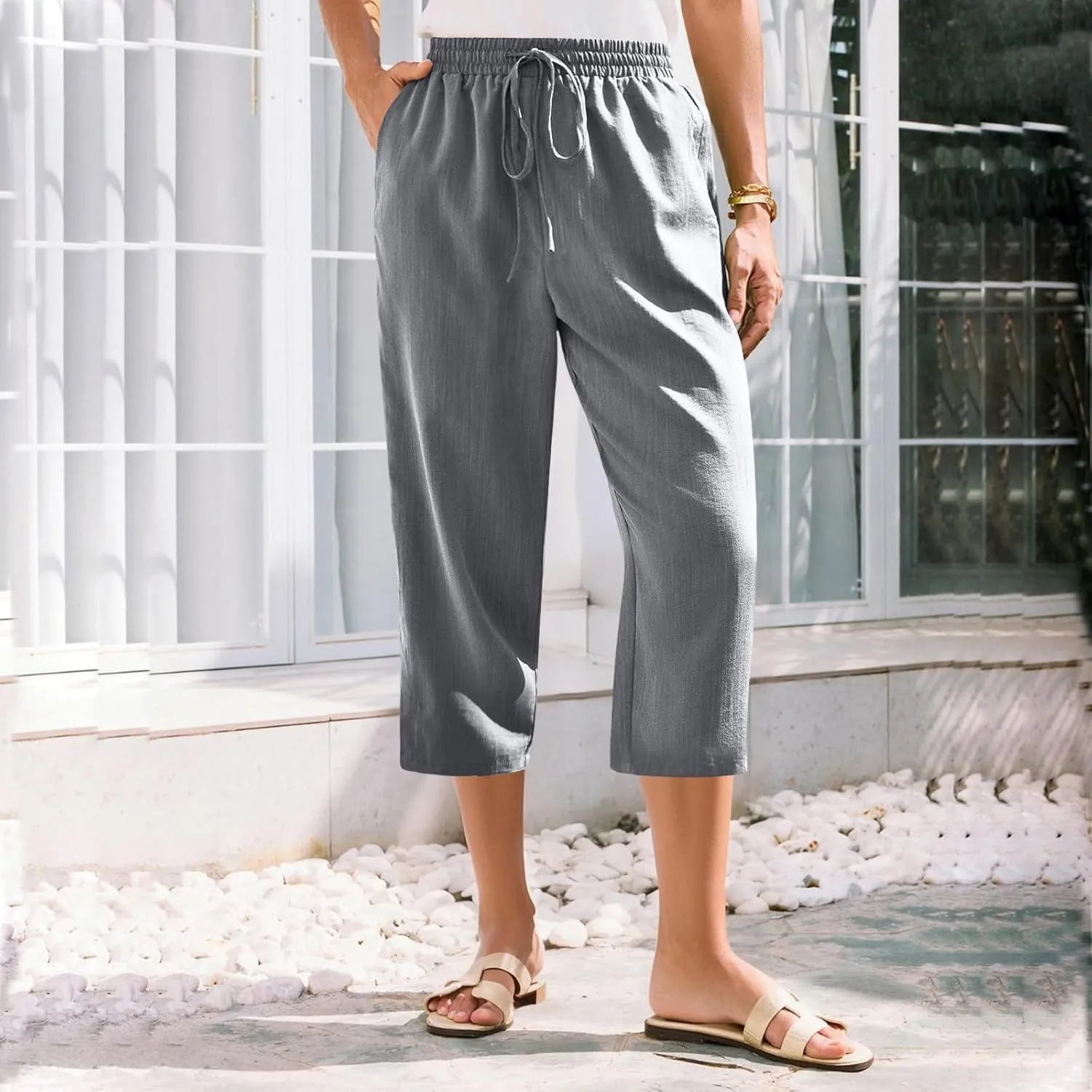 Women's Linen Capris Casual Summer Elastic Waist Wide Leg Cropped Pants Comfy Cotton Linen Capri Pants with Pockets