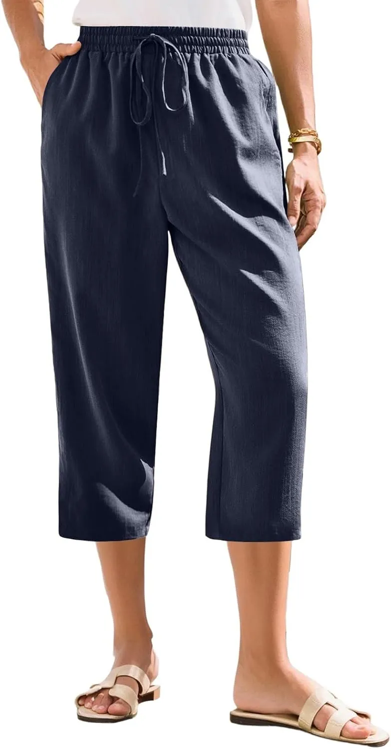 Women's Linen Capris Casual Summer Elastic Waist Wide Leg Cropped Pants Comfy Cotton Linen Capri Pants with Pockets