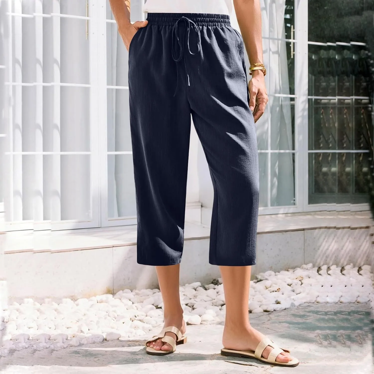 Women's Linen Capris Casual Summer Elastic Waist Wide Leg Cropped Pants Comfy Cotton Linen Capri Pants with Pockets
