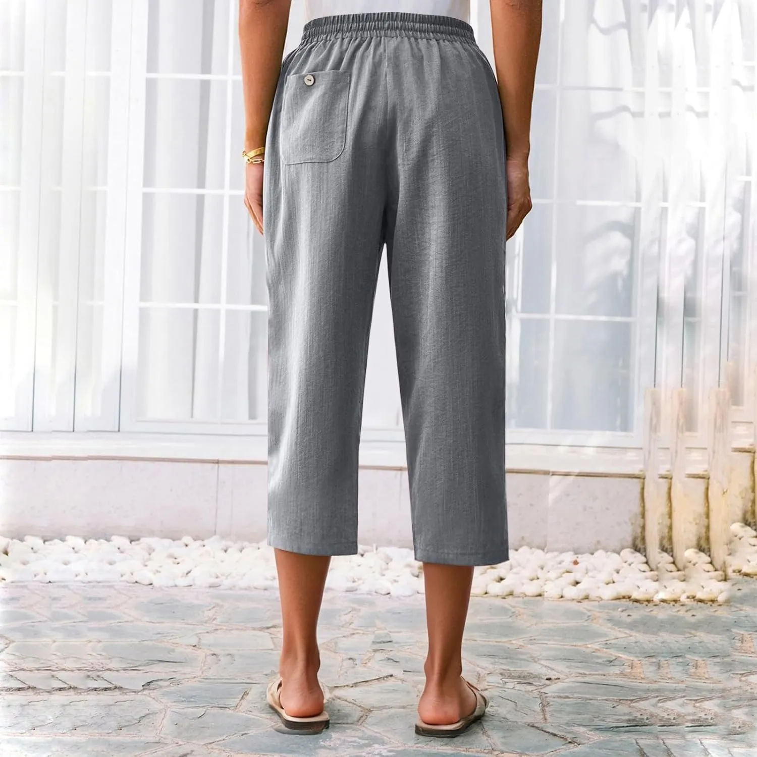 Women's Linen Capris Casual Summer Elastic Waist Wide Leg Cropped Pants Comfy Cotton Linen Capri Pants with Pockets