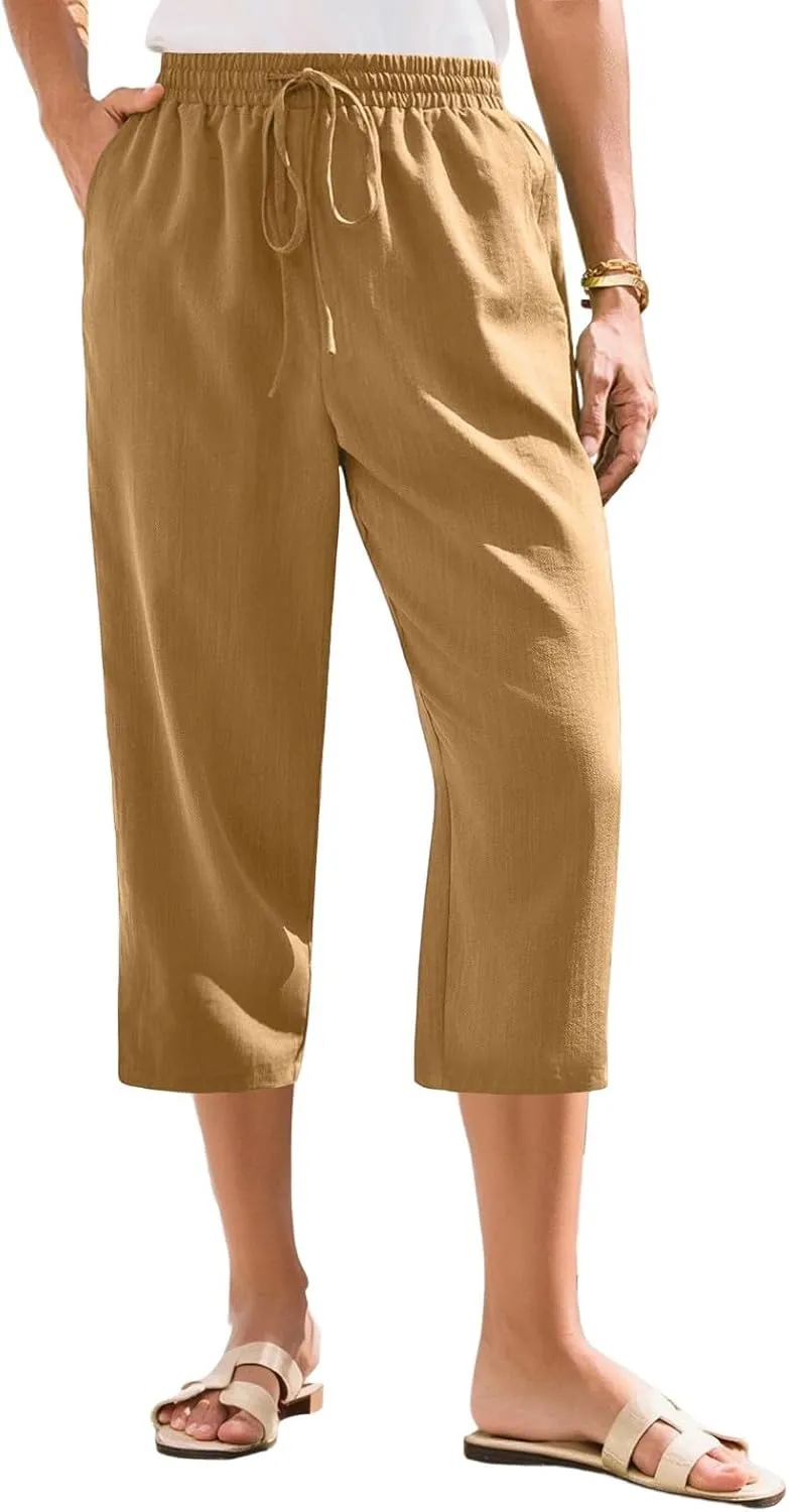 Women's Linen Capris Casual Summer Elastic Waist Wide Leg Cropped Pants Comfy Cotton Linen Capri Pants with Pockets