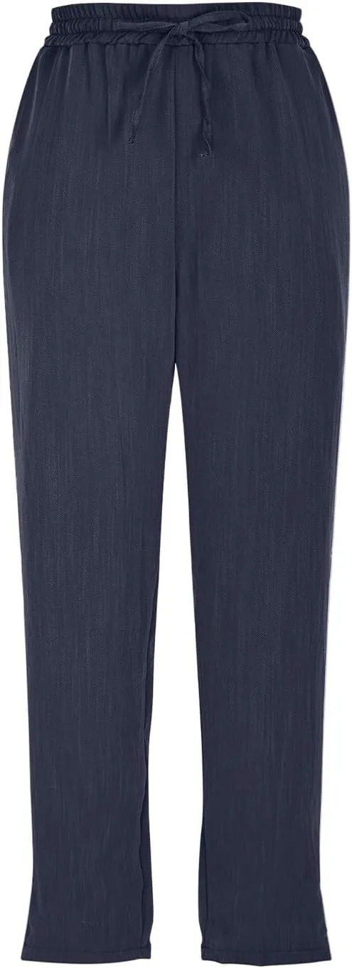 Women's Linen Capris Casual Summer Elastic Waist Wide Leg Cropped Pants Comfy Cotton Linen Capri Pants with Pockets