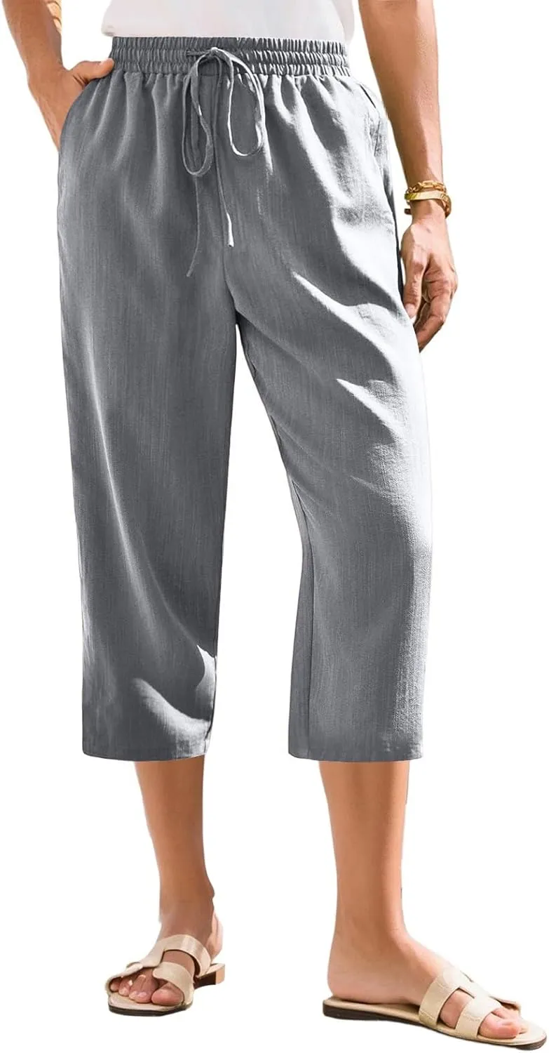 Women's Linen Capris Casual Summer Elastic Waist Wide Leg Cropped Pants Comfy Cotton Linen Capri Pants with Pockets