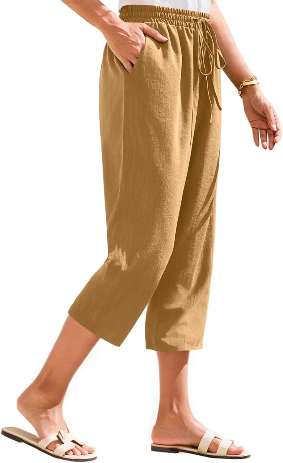 Women's Linen Capris Casual Summer Elastic Waist Wide Leg Cropped Pants Comfy Cotton Linen Capri Pants with Pockets