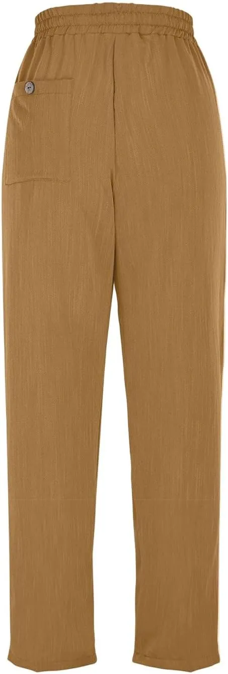 Women's Linen Capris Casual Summer Elastic Waist Wide Leg Cropped Pants Comfy Cotton Linen Capri Pants with Pockets