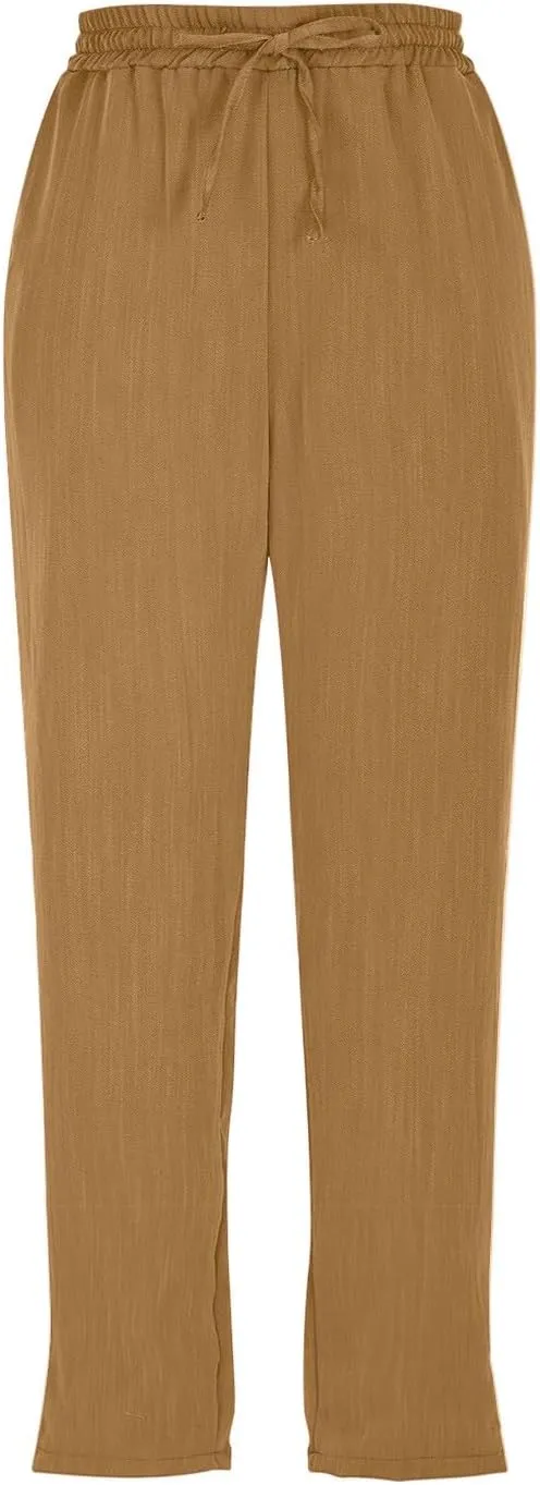 Women's Linen Capris Casual Summer Elastic Waist Wide Leg Cropped Pants Comfy Cotton Linen Capri Pants with Pockets