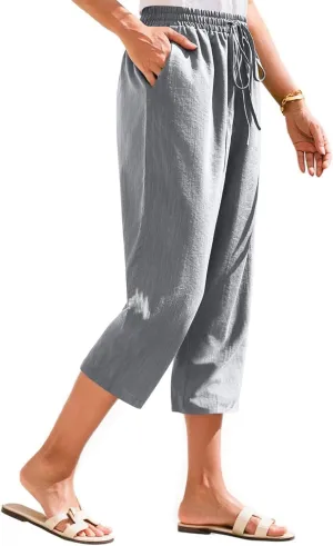 Women's Linen Capris Casual Summer Elastic Waist Wide Leg Cropped Pants Comfy Cotton Linen Capri Pants with Pockets