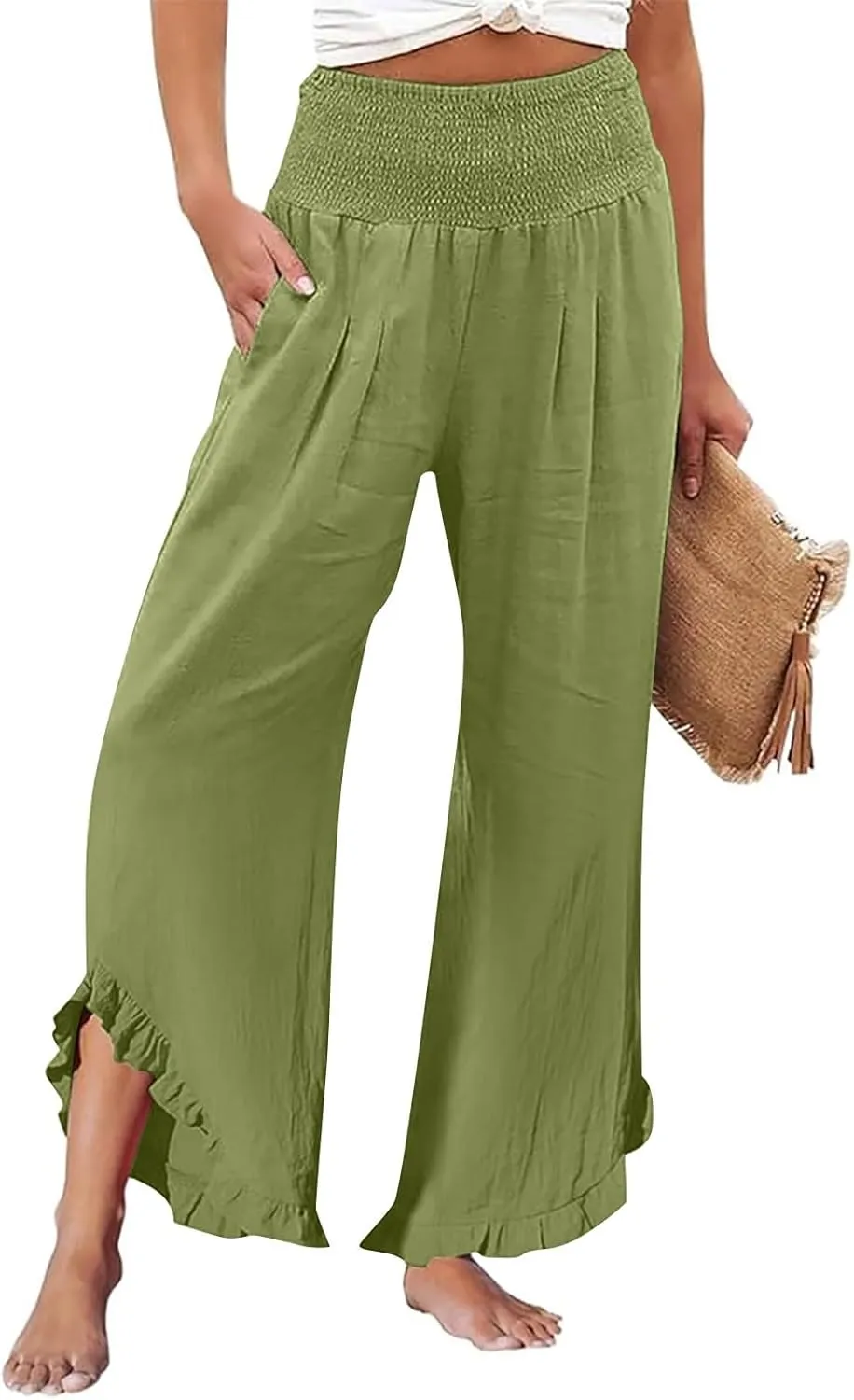 Women's Linen Pants Summer Wide Leg Smocked Waist Ruffle Hem Palazzo Pants Boho Flowy Beach Pants with Pockets
