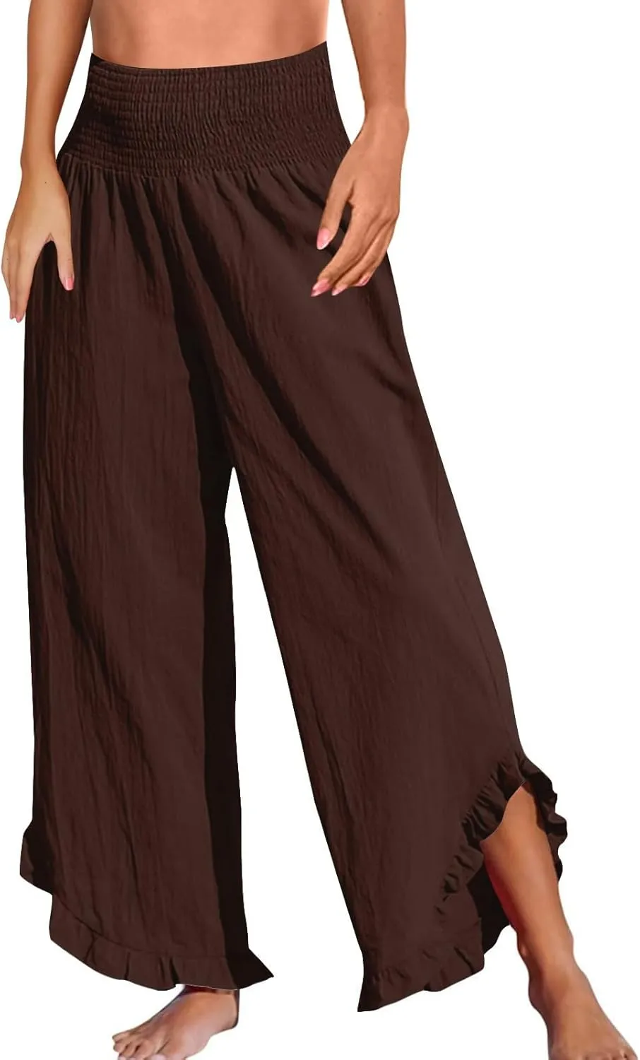 WomenS Linen Wide Leg Pants Flowy Smocked Waist Ruffle Hem Lightweight Summer Beach Vacation Trousers with Pockets