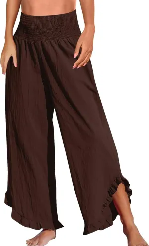 WomenS Linen Wide Leg Pants Flowy Smocked Waist Ruffle Hem Lightweight Summer Beach Vacation Trousers with Pockets