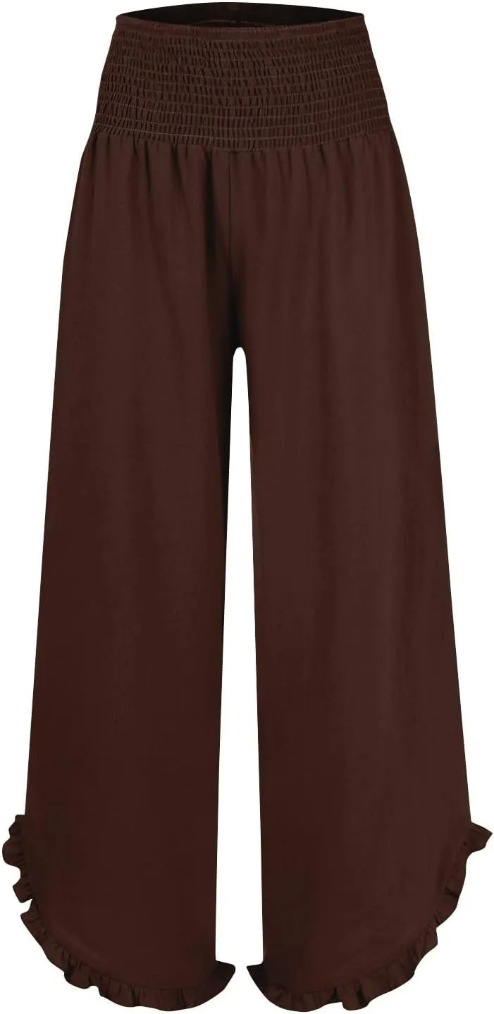 WomenS Linen Wide Leg Pants Flowy Smocked Waist Ruffle Hem Lightweight Summer Beach Vacation Trousers with Pockets