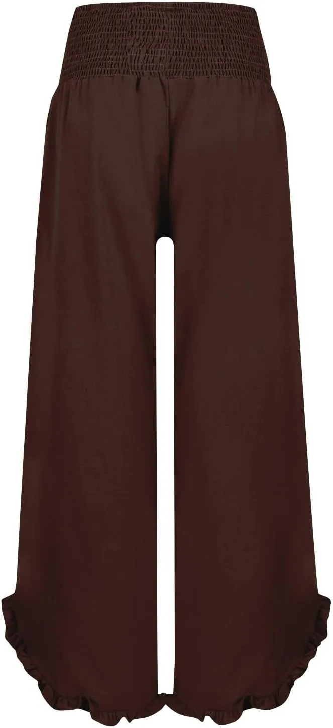 WomenS Linen Wide Leg Pants Flowy Smocked Waist Ruffle Hem Lightweight Summer Beach Vacation Trousers with Pockets