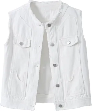 Women's Sleeveless Denim Vest O Neck Button Down Jean Waistcoat Jacket