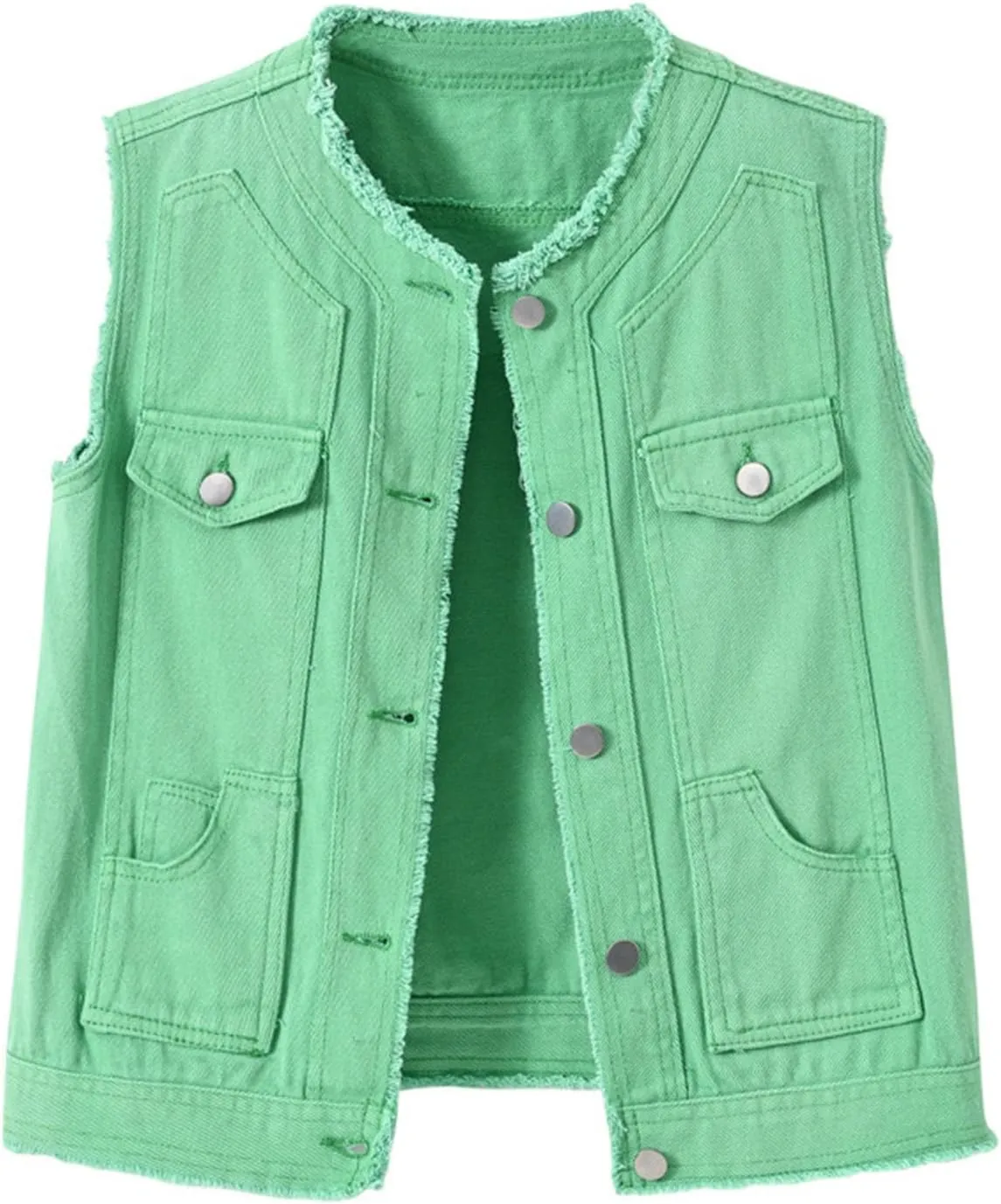 Women's Sleeveless Denim Vest O Neck Button Down Jean Waistcoat Jacket